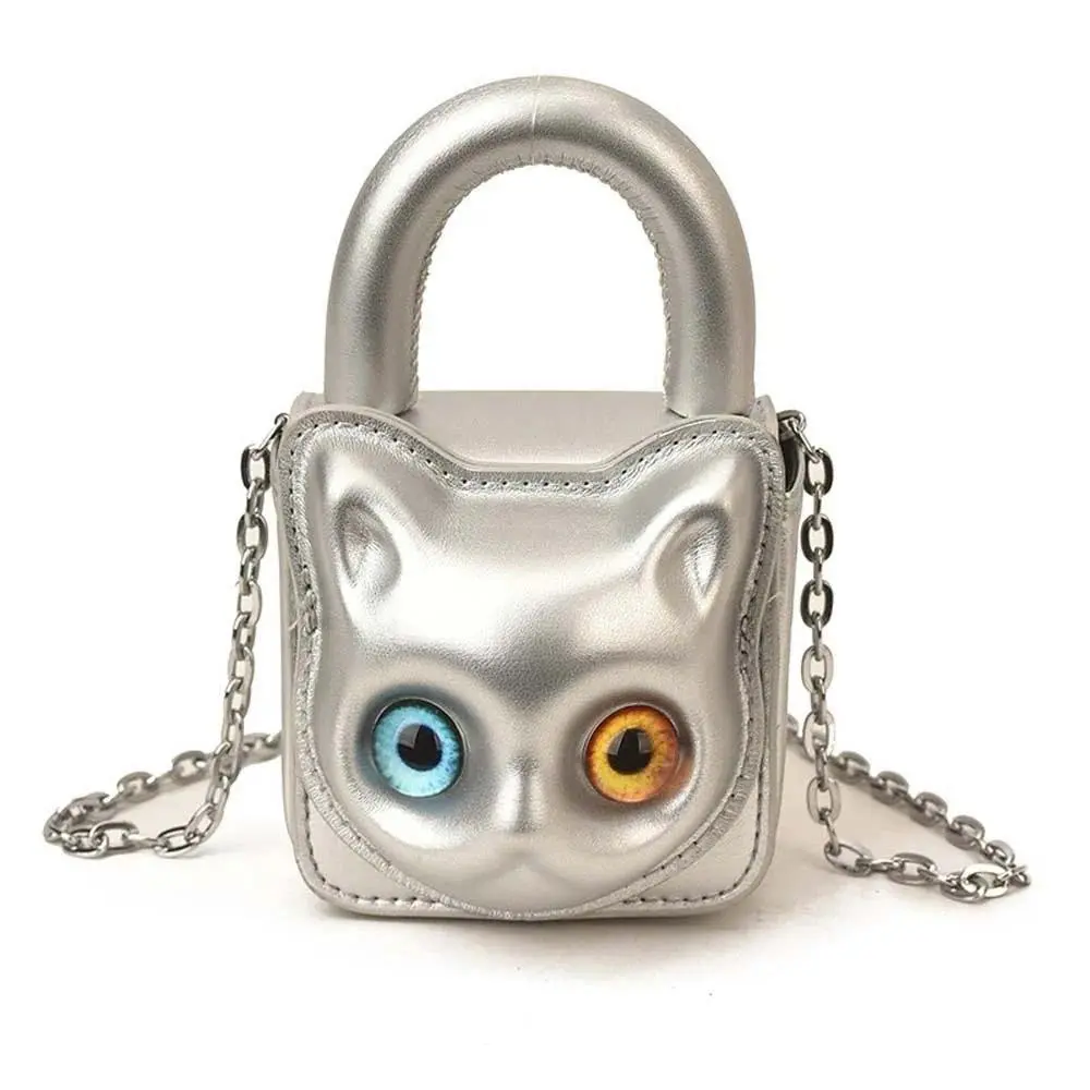 Elegant Heterochromia Eyes Cat Handbag Anti-splash Water Mini Lipstick Crossbody Bag Leather Vintage Chain Cat Head Pouch Girls