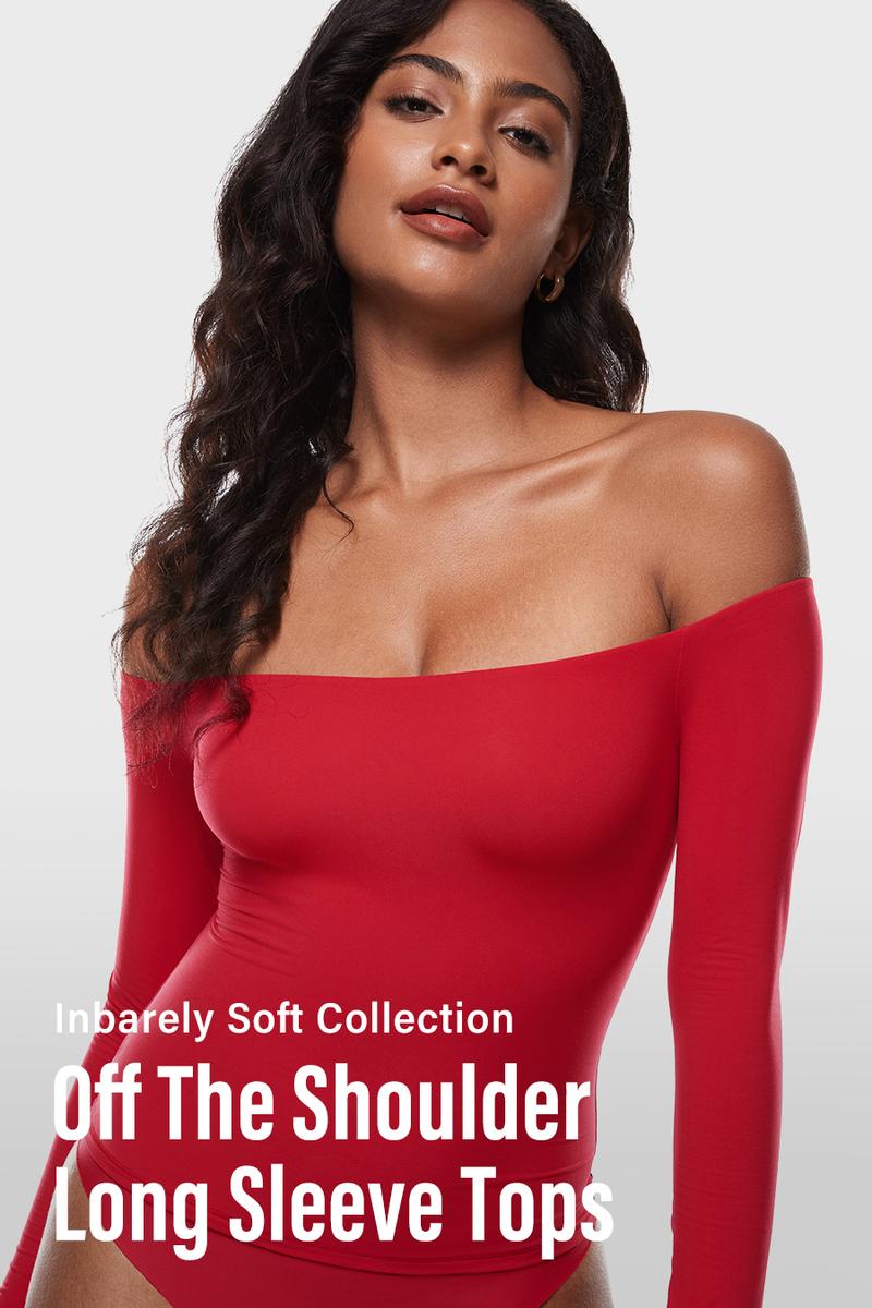 INLYRIC Women's Inbarely Soft Off The Shoulder Double Lined Long Sleeve Tops Going Out Slim Fitted Sexy Trendy T-Shirts