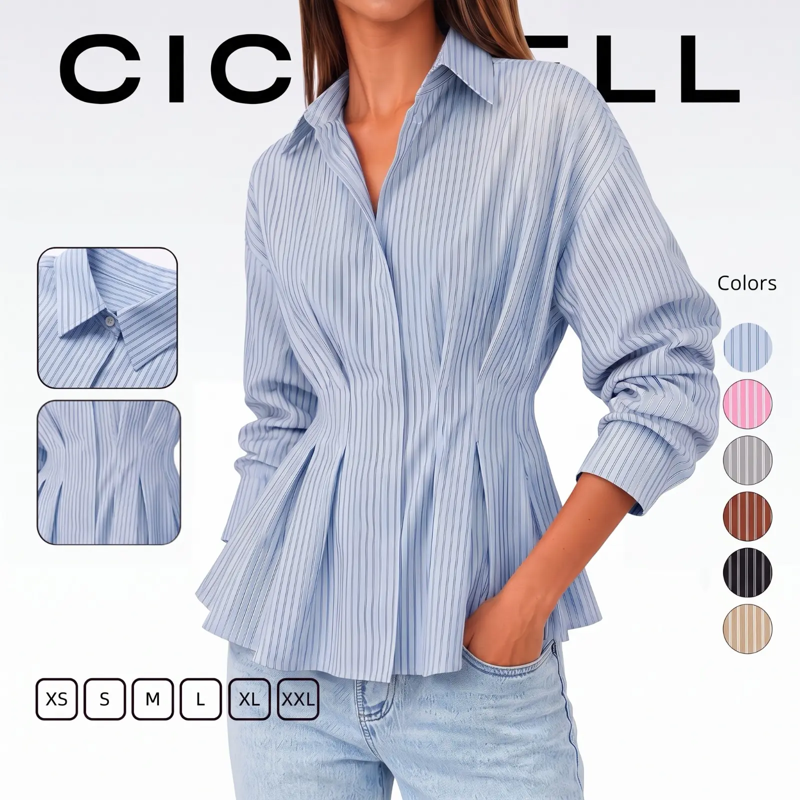 Cicy Bell Women's Striped Button Down Shirts Pleated Peplum Slim Fit Tops | long sleeve, smocked, babydoll, business casual, clean fit, work office shirts, fitted, fall outfits