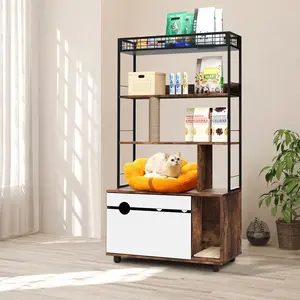 Garvee 2-in-1 Hidden Cat Litter Box Enclosure with Storage Rack & Scratching Post, Wood & Metal Pet Furniture with Shelf & Soft Cushion