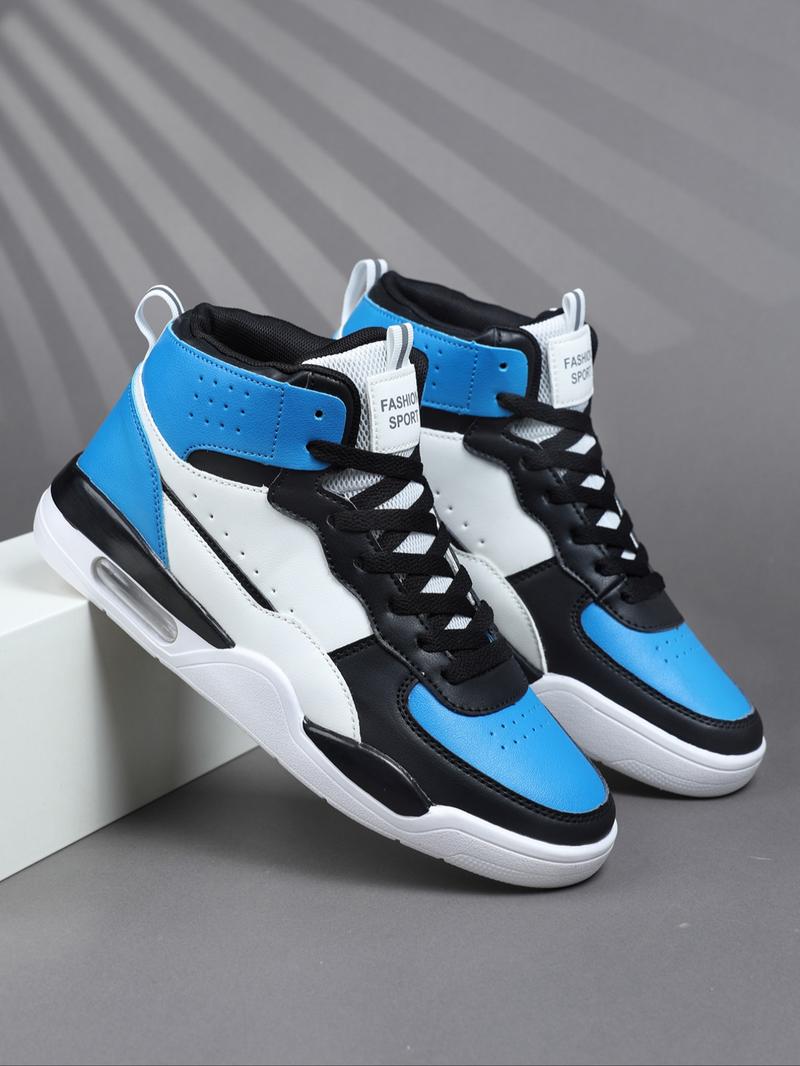 High Top Men's Stylish Basketball Shoes, Casual, Comfortable Breathable Lace-Up, Air Cushion Sole, Patchwork Design, PU Leather, All Seasons