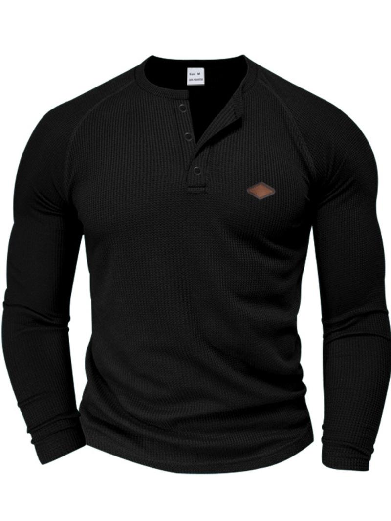 Men's Regular Fit Embroidery Half Placket Button Thumb Hole Design Henley Neck T-shirt, Casual Long Sleeve Tee for Spring & Fall, Fashion Men's Top for Daily Wear