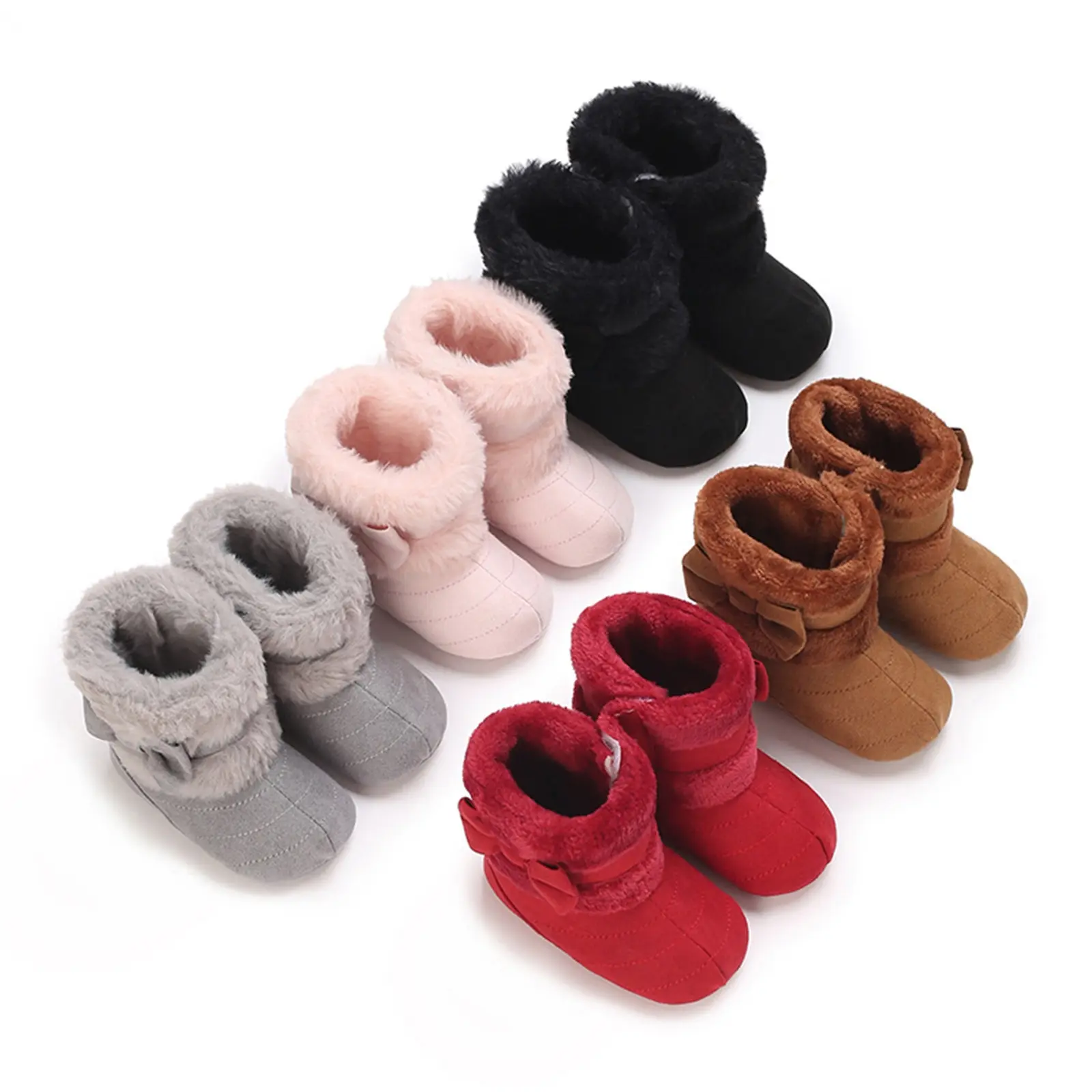 Infant Baby Girl Winter Warm Boots Cute Bowknot Crib Shoes Cozy Fleece First Walker Shoes with Non-Skid Soles 0-18M