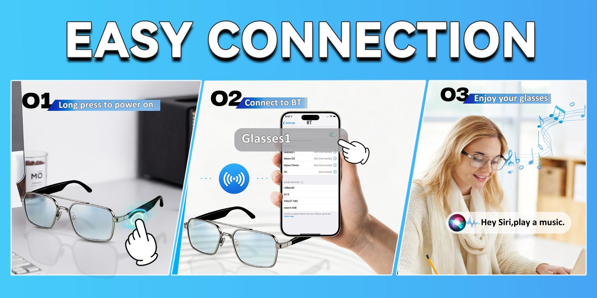 Bluetooth Audio Smart Transparent Glasses for Women Men,Light Blocking Bluetooth Glasses with Open Ear Speaker,Touch & Voice Control, Hands-Free Calls & Microphone for iPhone Android Music