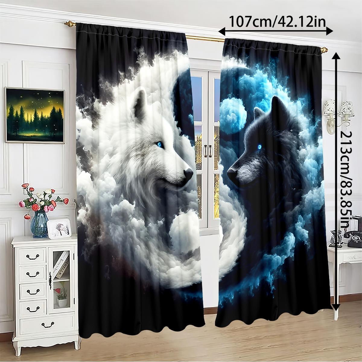 2-Piece & Wolf Cloud Moon Scene Digital Print Curtains, Semi-Transparent Polyester Fabric, Rod Pocket Design, Bedroom Living Room Decor