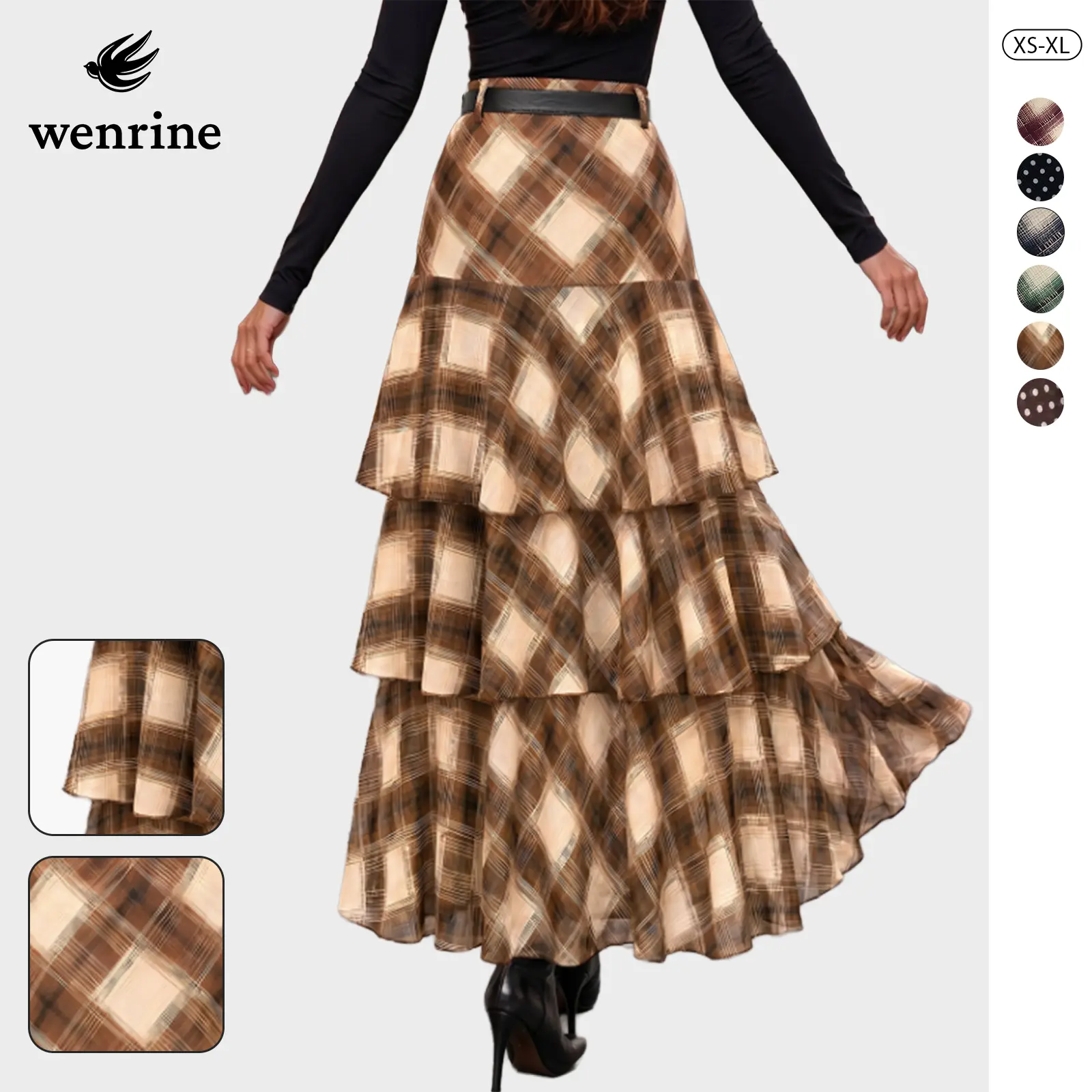 Wenrine Women's Elegant High-Waisted Tiered Ruffles Fashion Plaid A-Line Maxi Skirt - Elastane, Slit Design, Vintage Boho Bottoms for Casual Summer Holiday Wear