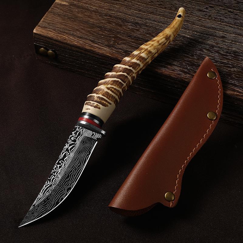 Multi-functional Knife with Angular Handle, Stainless Steel Damascus Pattern Meat Cutting Kitchen Knife, Sharp Fixed Blade Knife with Sheath, Good helper tool for Home Cooking and Outdoor Camping.