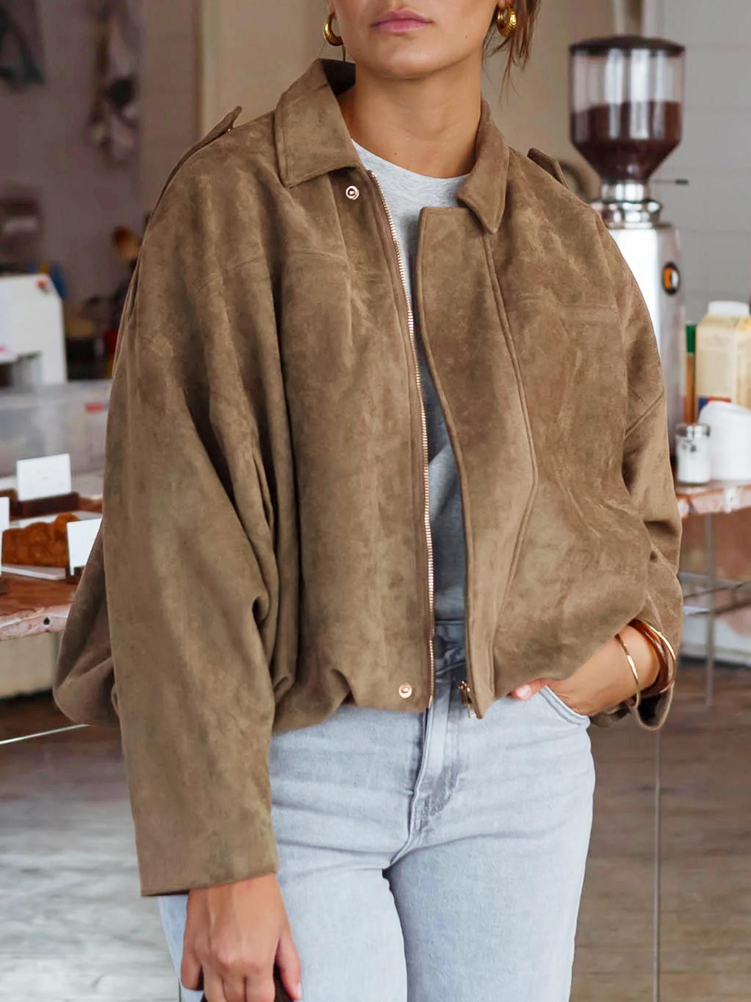 Women Solid Fall Winter Long Sleeve Loose Jacket Ladies Daily Casual Outfit Vintage Coat