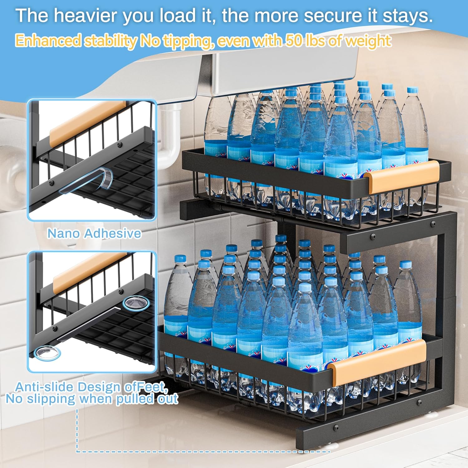 Under Sink Organizer XL Size, 2 Packs 2 Tier Expandable Height (13.5" - 17.5") Under-Sink Organizers Slide out Pull out Bathroom Kitchen Organizers And Storage