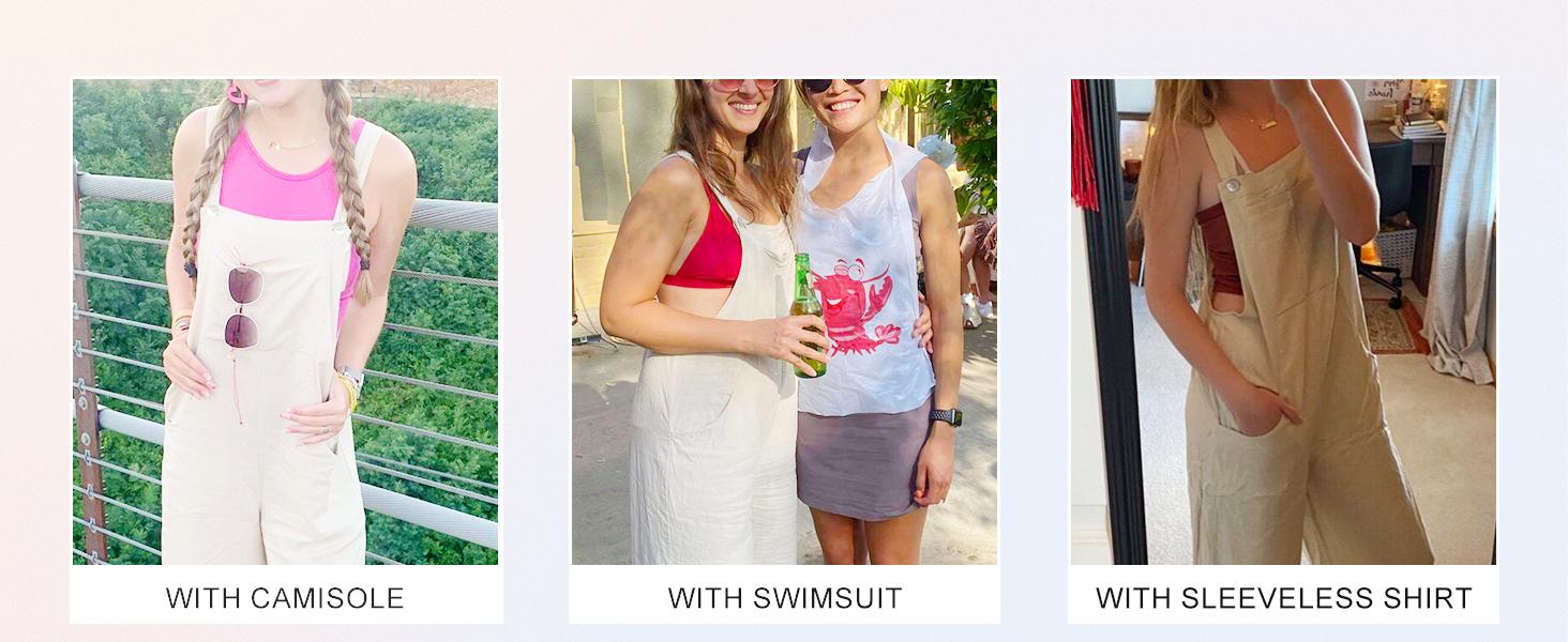 Naeduo Women's Summer Cotton Linen Bib Overalls Baggy Sleeveless Adjustable Wide Leg One Piece Jumpsuits