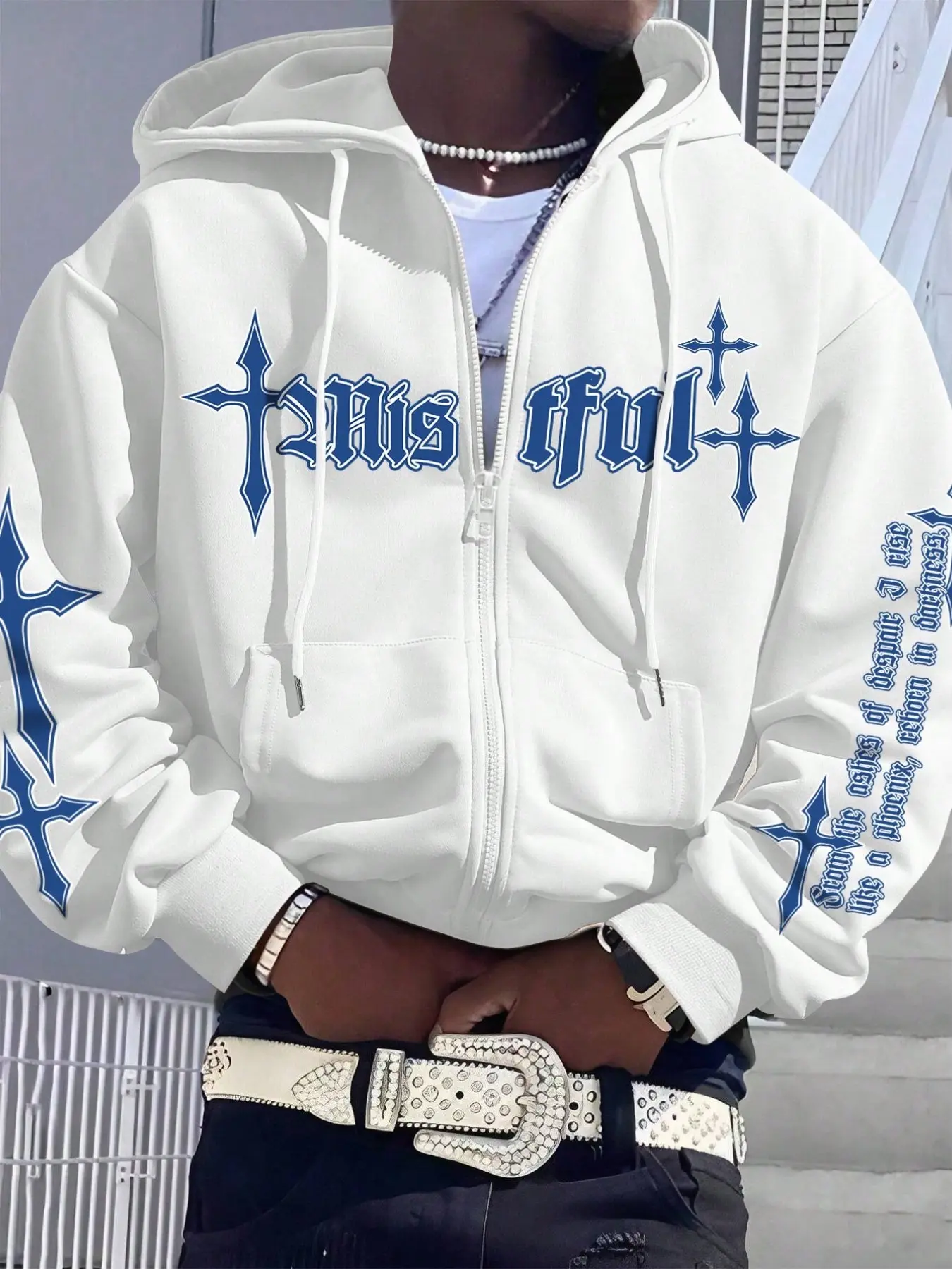 Hip Hop Street Men's Hooded Open Front Jacket, Blue Cross Letter Print Casual Zipper Sweatshirt, Graphic Hoodies, Long Sleeve Loose-Fit Outerwear