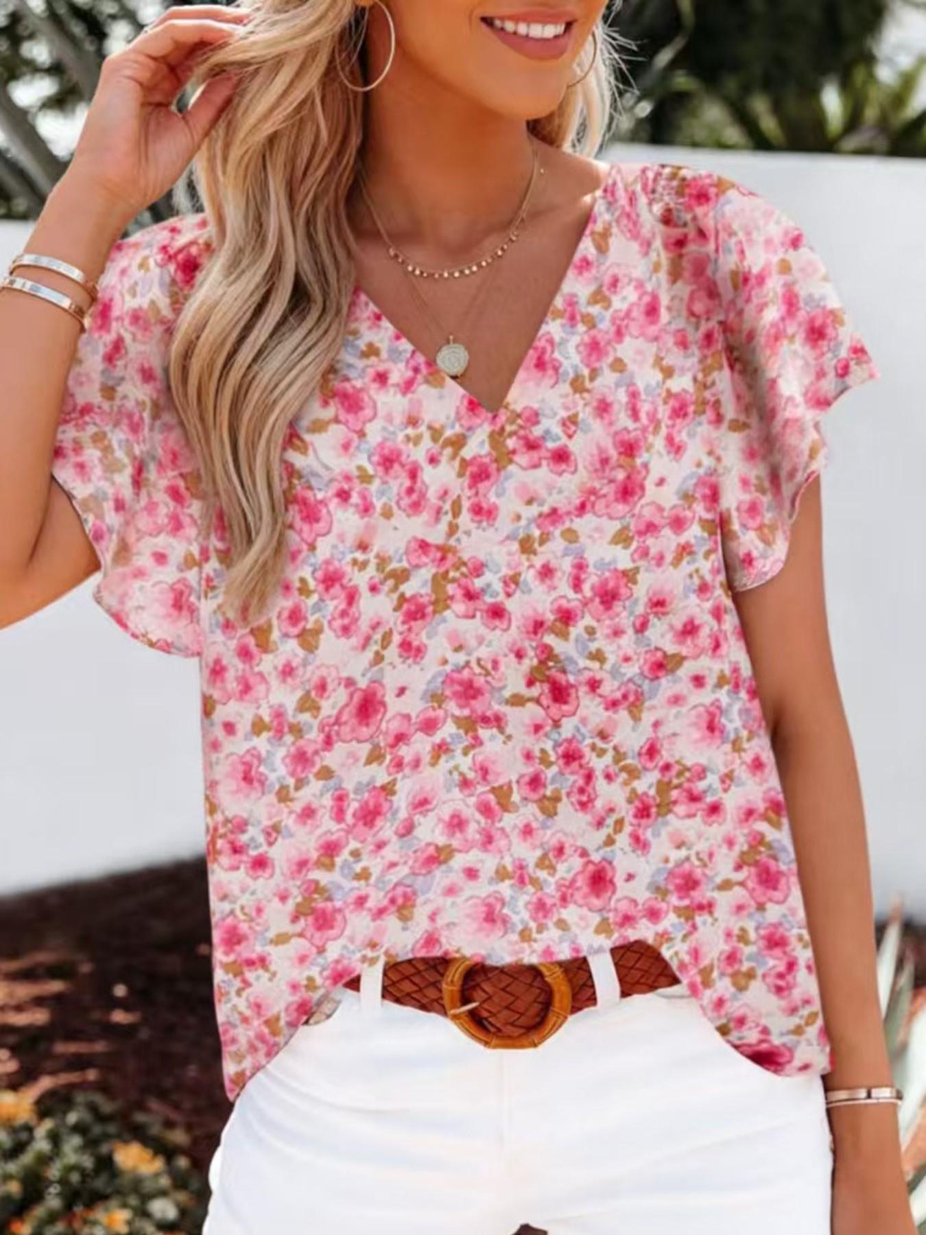 Women's V-Neck Printed Short Sleeve Loose Fit Casual Pullover Shirt, Comfortable and Stylish Top for Daily Wear, Perfect for Relaxing Days