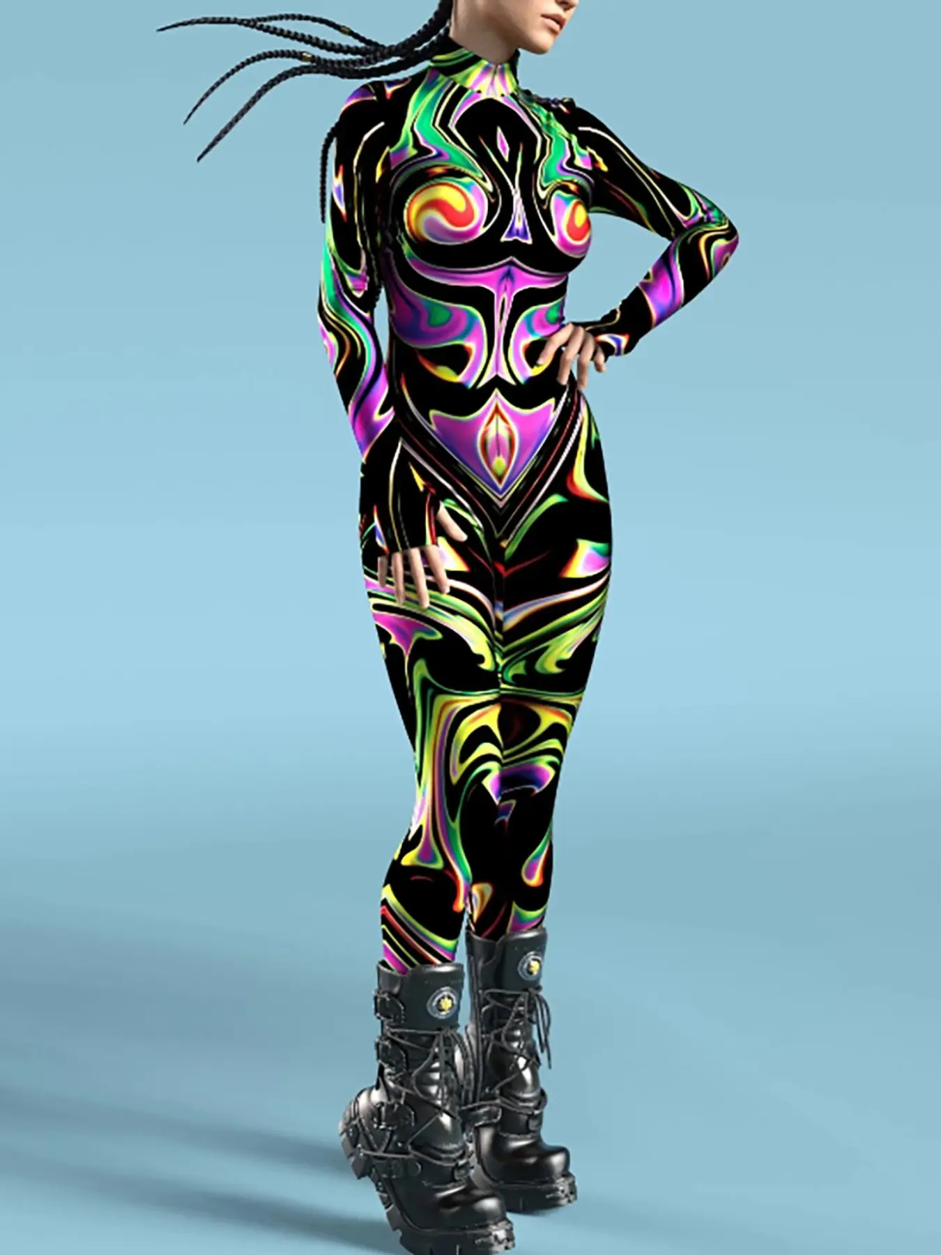 Fluid Graffiti Print Bodysuit, High Neck Long Sleeve Finger Hole Full Elastic Bodysuit, Easter Halloween Music Festival Stage Costume, Festival Costumes, Costume For Parties, Clothes
