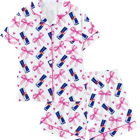 Teen red Bull Soda Drink Hooded Short Sleeve Pajama Set, Pjs, Pyjamas, Comfortable Sleepwear, Loungewear, Cute Animal Graphic Pattern, All Seasons