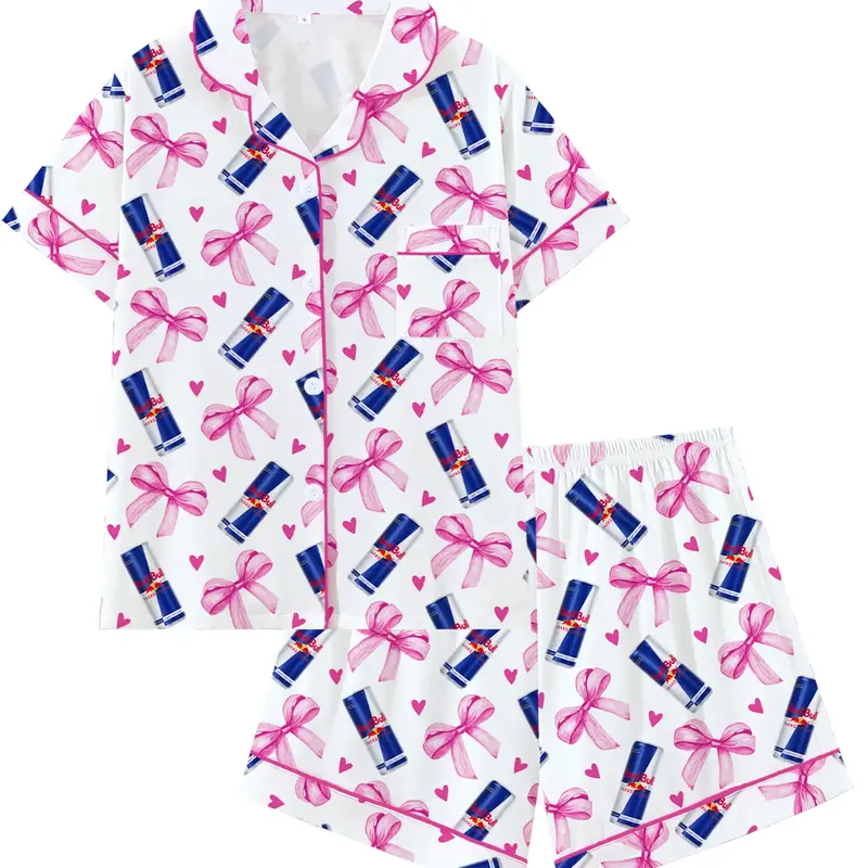 Teen red Bull Soda Drink Hooded Short Sleeve Pajama Set, Pjs, Pyjamas, Comfortable Sleepwear, Loungewear, Cute Animal Graphic Pattern, All Seasons