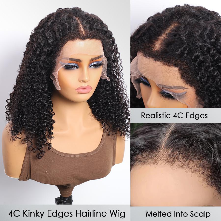 Pizazz Hair 4C Edges Curly Bye Bye Knots Bob Wig 280% Density 8x5 Lace Front Wigs Human Hair Pre Bleached Pre Plucked with Curly Baby Hair Hairline Transparent HD Lace Frontal Wig