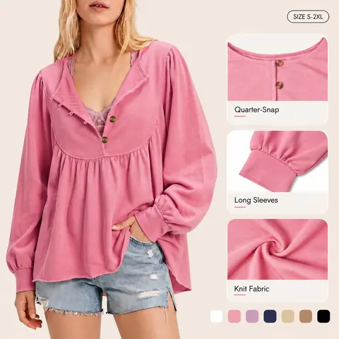 Imily Bela Women's Boho V Neck Button Down Lantern Sleeve Top Casual Loose Fit Flowy Pleated Babydoll Blouses