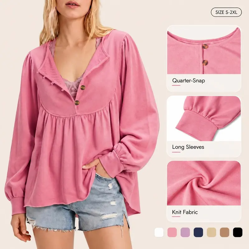 Imily Bela Women's Boho V Neck Button Down Lantern Sleeve Top Casual Loose Fit Flowy Pleated Babydoll Blouses