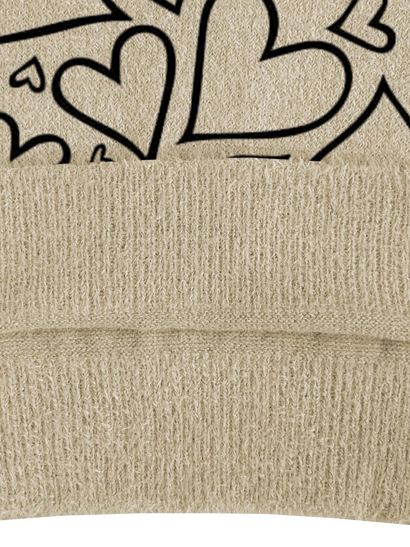 Women's Heart Print Stand Collar Sweater, Fall Winter Casual Long Sleeve Knitwear, Comfortable Warm Fitted Top for Daily Wear