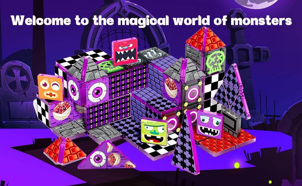 【New Sticker Set】60PCS,1.48inch Creative Sticker Magnetic Tiles,Big Eye Monster Series，Magnet Building Blocks Cubes Construction Stacking Educational Assembly Toy Preschool STEM Play Creative Playboard for Toddler Kids Ages 3+,Kids Toys best gift