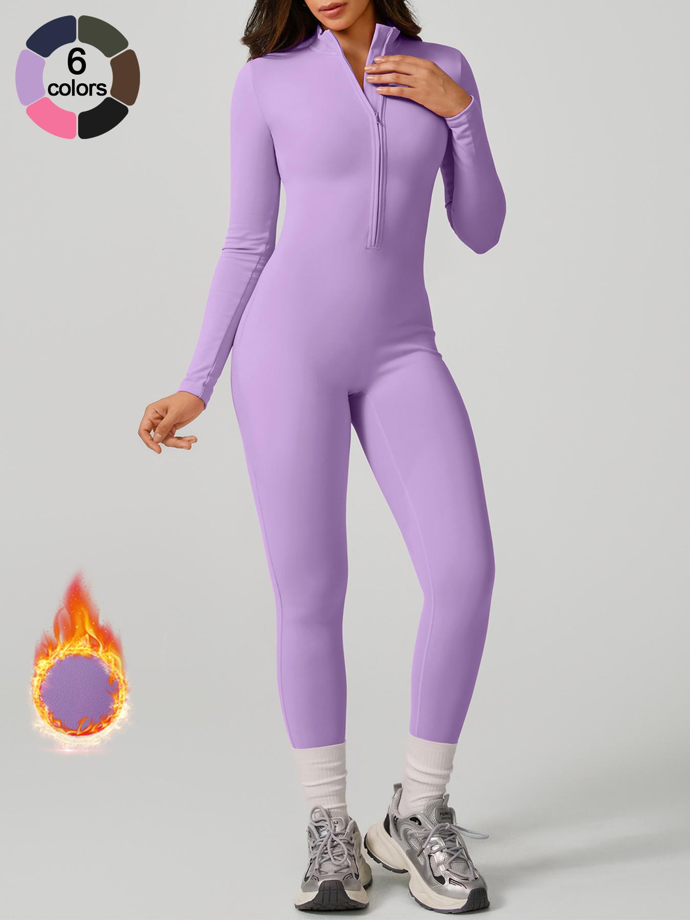 Women's Sporty Tight-Fit Long Sleeve Workout Jumpsuit, Plain Pattern, Fleece Lined, Half-Zipper Design, Fall & Winter Yoga Gym
