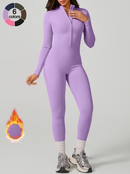 Women's Sporty Tight-Fit Long Sleeve Workout Jumpsuit, Plain Pattern, Fleece Lined, Half-Zipper Design, Fall & Winter Yoga Gym