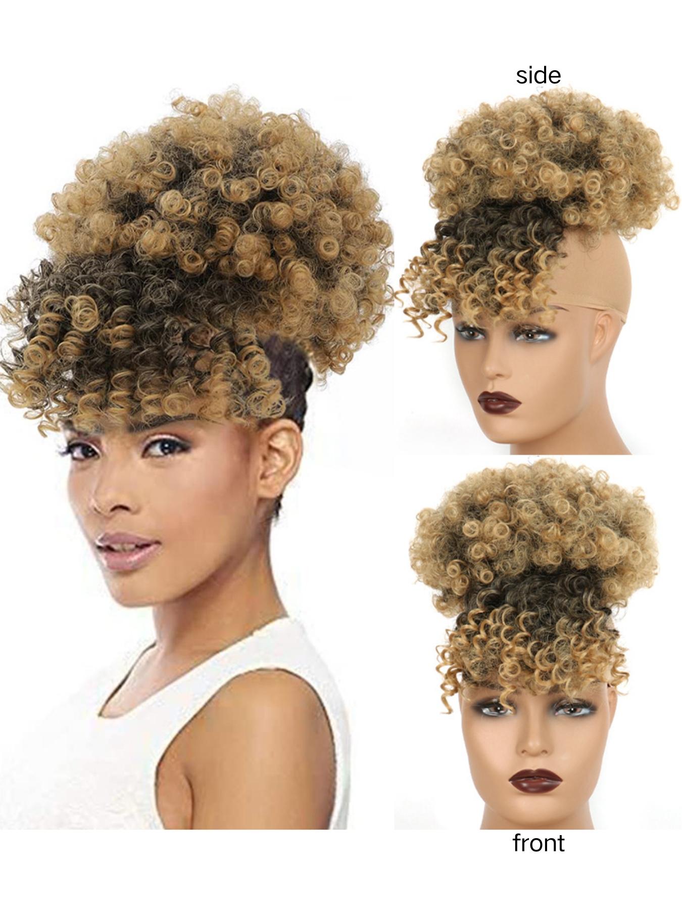 Women Drawstring Hair Bag, African Loose Curl Ponytail Extension, Bangs Flower Braid Style, High Crown Heat Resistant Fiber Wig Piece