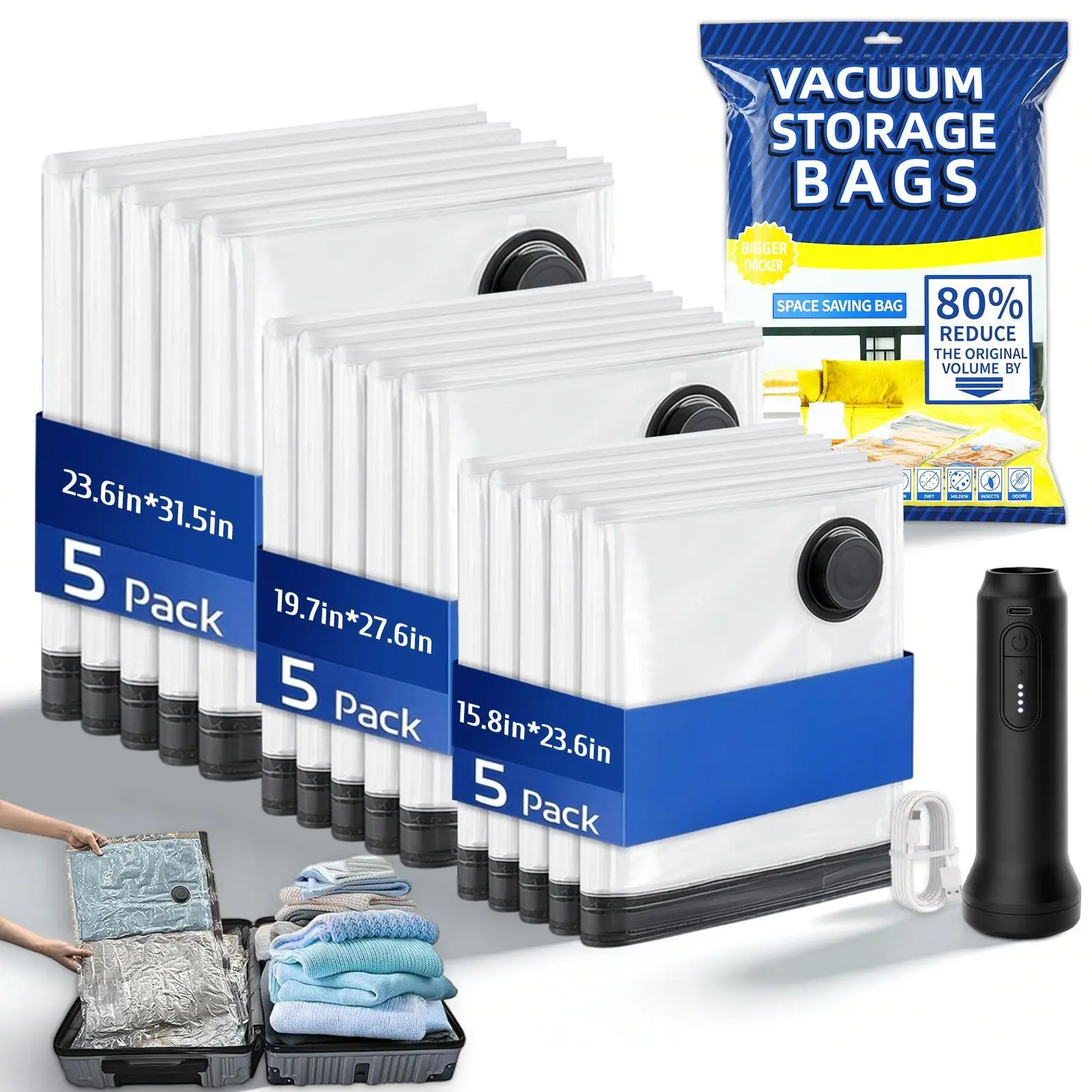 15 Combo Pack Travel Vacuum Bags with Pump - Space Saver & Travel Essentials, Clothing & Luggage Vacuum Seal Bags