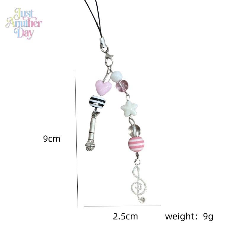 Y2K Pink Guitar Phone Charm, Millennial Style Beaded Keychain with Star & Music Note Details, Cute Bag & Photocard Holder Accessory