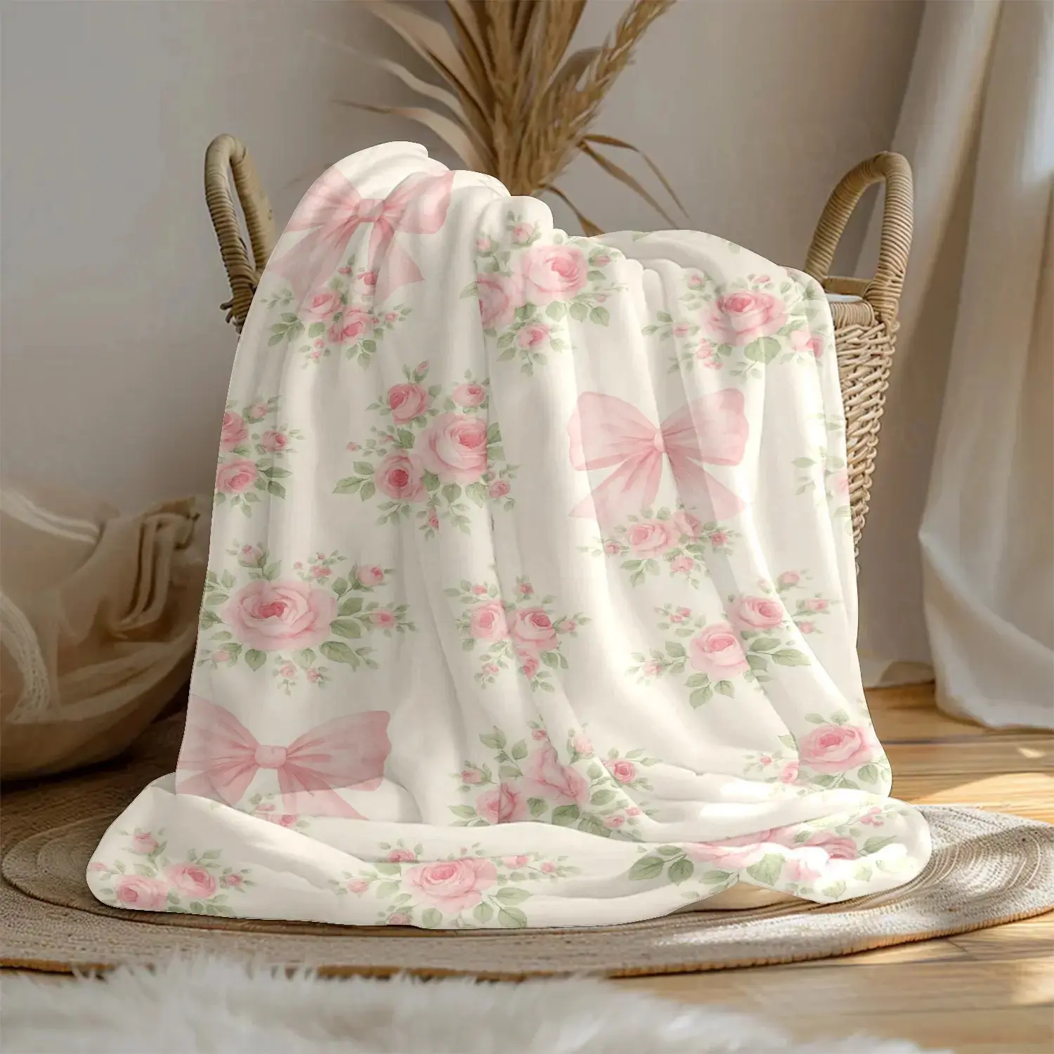 Large Flannel Throw Blanket - Unisex Multi-Size Rose Pattern (Pink Rose, Pink Bow, Green Leaf Art Print) Afghan-Style Fluffy Warm Bedding for Camping, Sofa Textile with Warmth
