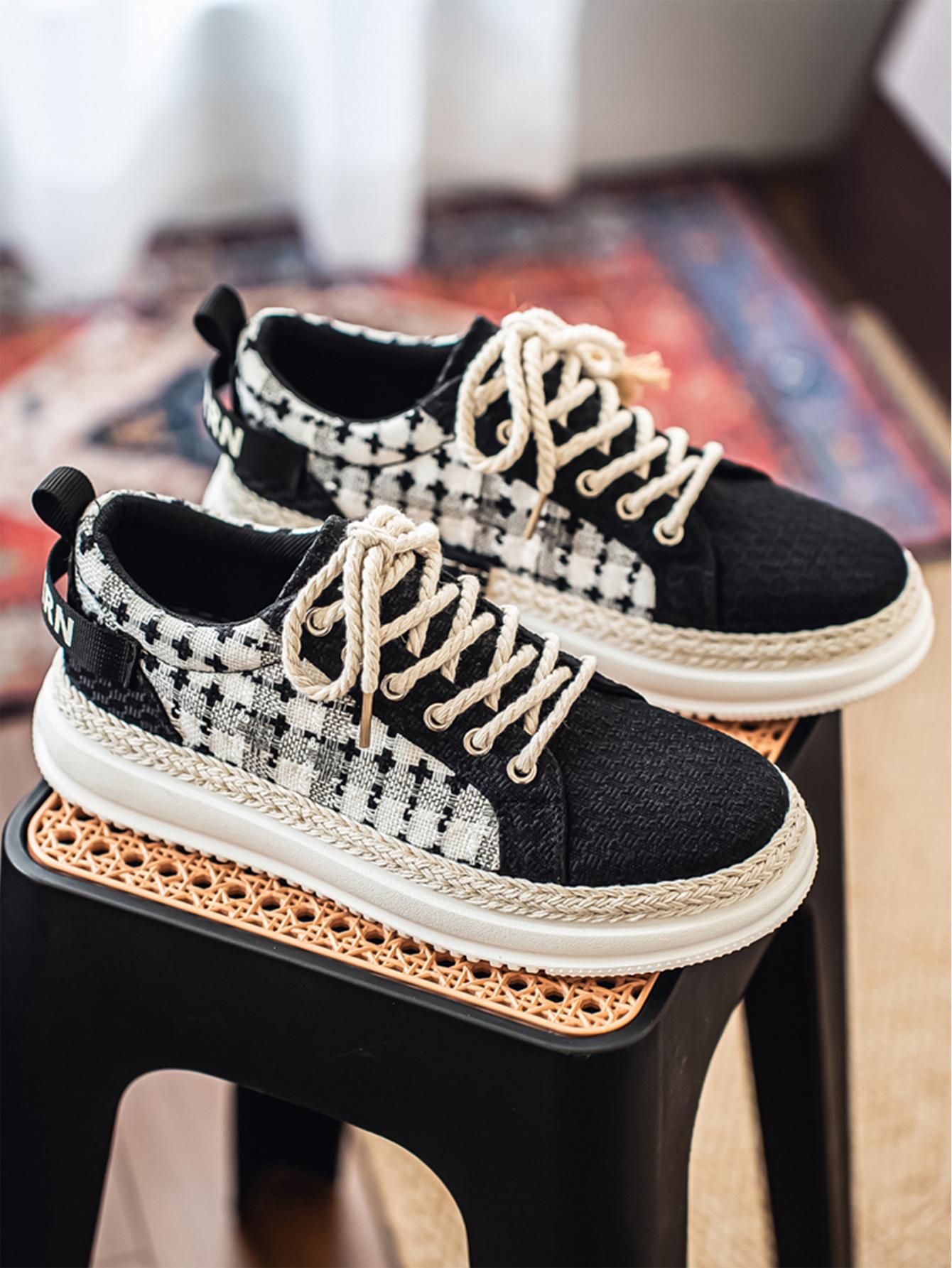 Summer New Men's Retro Plaid Laces, Braided Rope Shoelace Design, Easy-On-Off Hemp Laces, Commuter & Casual Shoes, Versatile Footwear