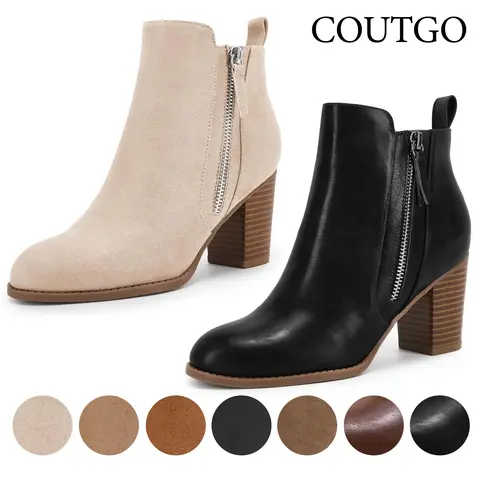 Coutgo Ankle Boots for Women Chunky Block Heel Side Zipper Pointd Toe Suede Fall Winter Bootie Shoes