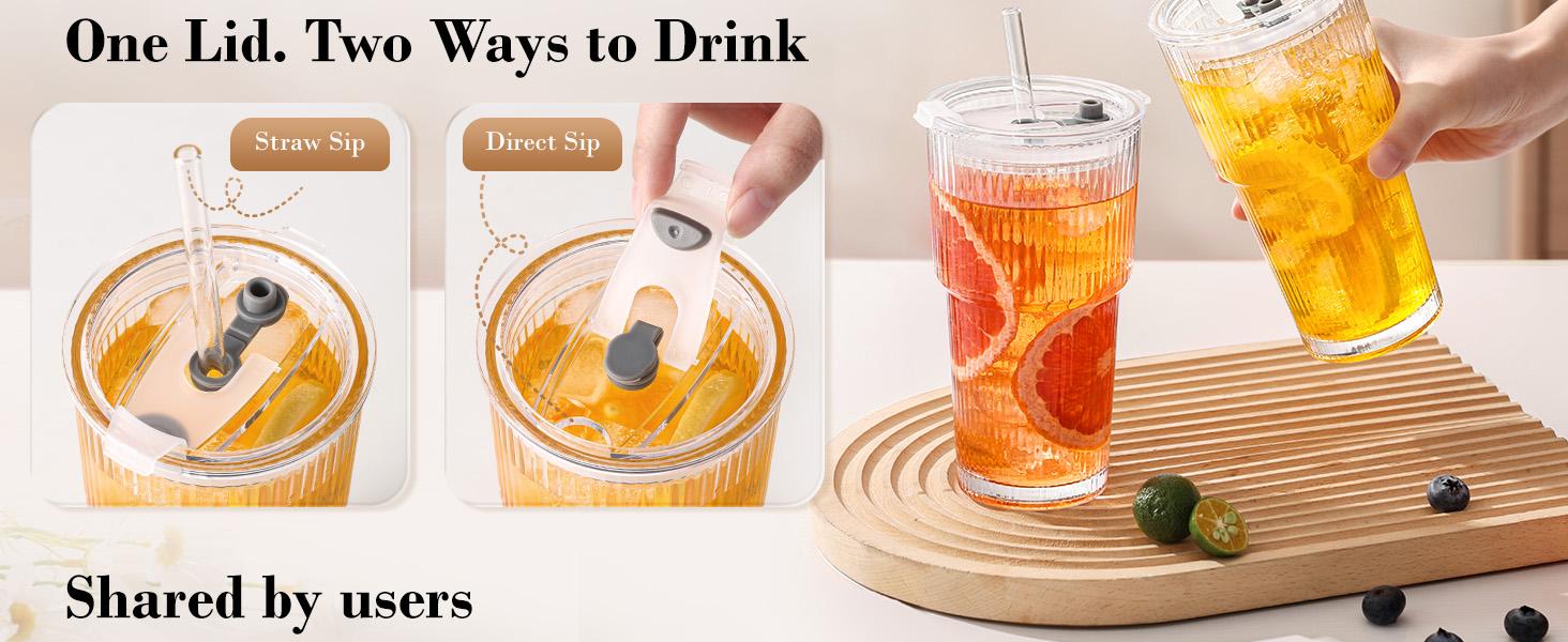 20oz Glass Tumblers with Straws and Lids, Ribbed Iced Coffee Cups Leak-proof, Dishwasher Safe, Thickened Glass Cups with Lids Ideal for Coffee and Travel, Clear, 4 Pack