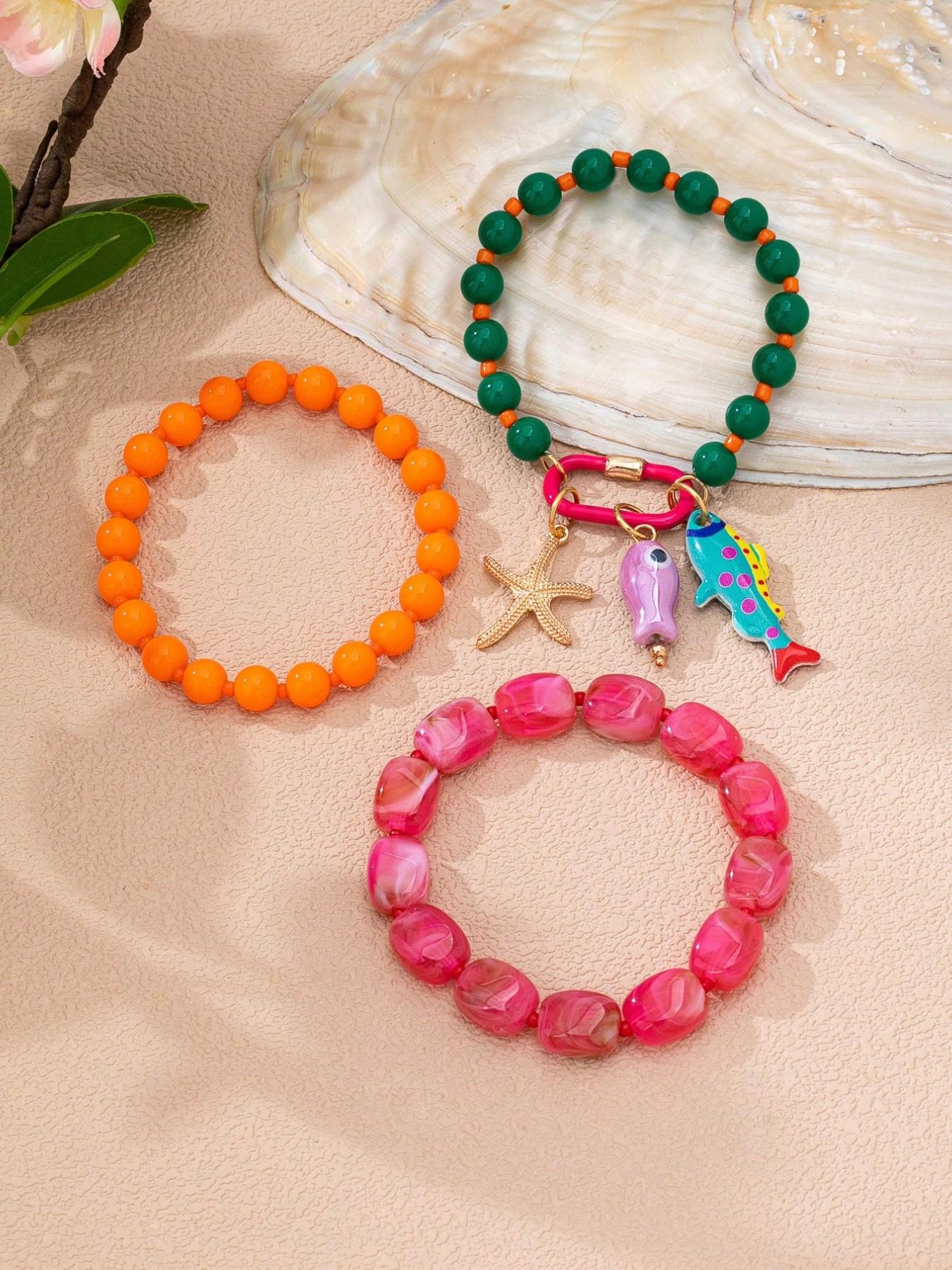 6Pcs Y2K Summer Ocean Fish Charm Beaded Stackable Fashionable Bracelet, Multicolor Resin Beads Bracelets Stacking, Dopamine Funky Bracelets for Women, Matching Bracelets Beaded Bracelet Set, Stacked Bracelets