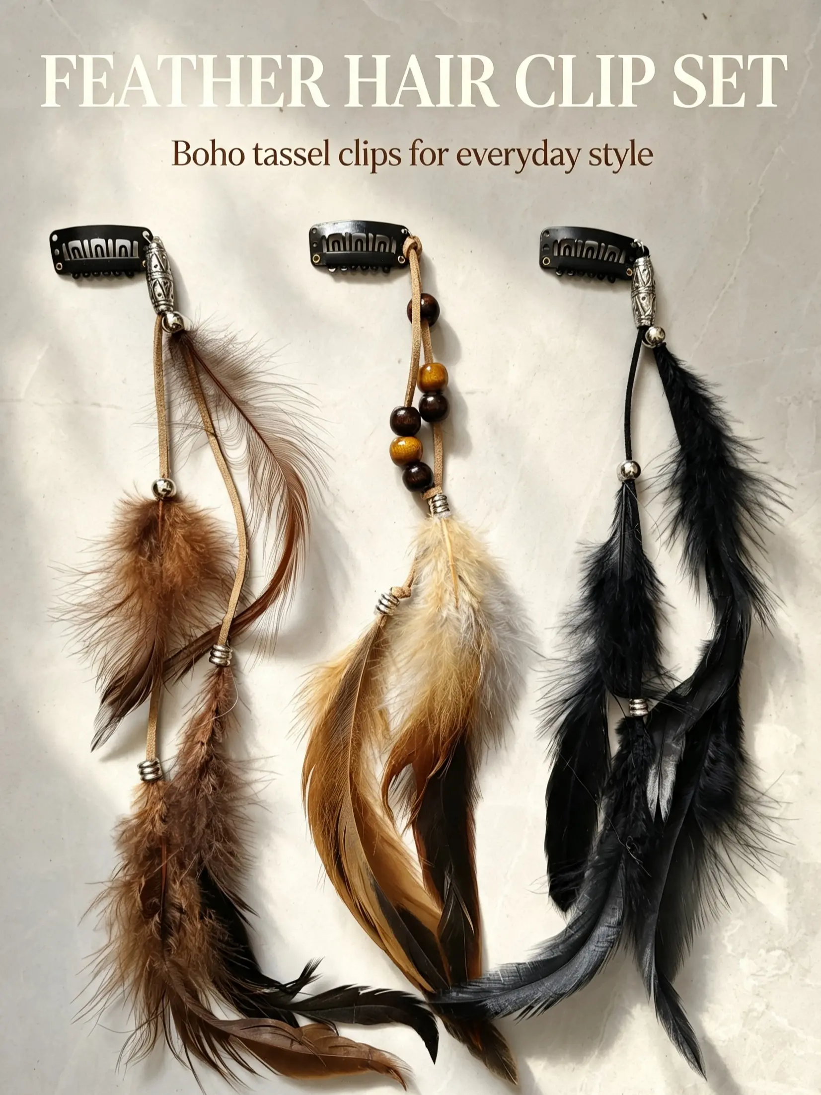 Boho Style Feather Design Feather Embellishment Fun Decorative Hair Clips Set, Vintage Synthetic Feather Hair Accessories with Tassels, Tassel Detailing, Long Ethnic Headbands for Photoshoots, Beach Vacations, Beach Outings