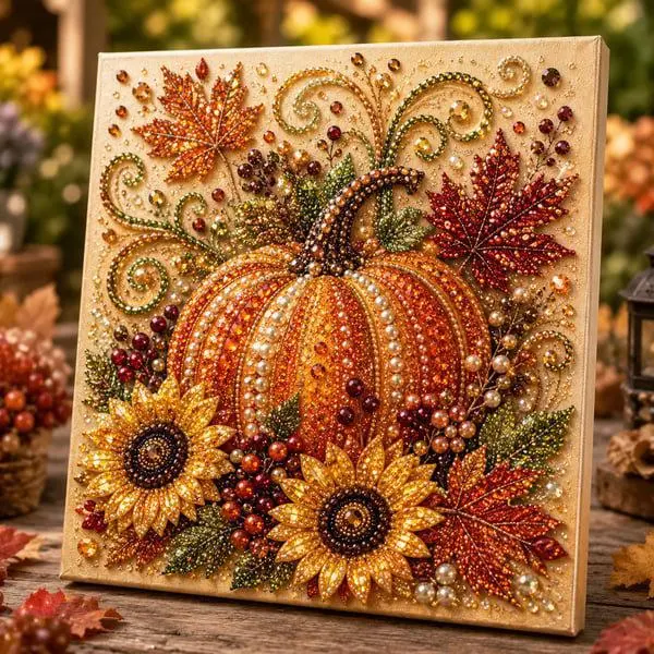 Stylish Diamond Painting Kit for Adults – Exquisite 3D Pearl and Rhinestone Art (Warm-Toned) – Handmade Wall Decor, Perfect for Thanksgiving Home Styling