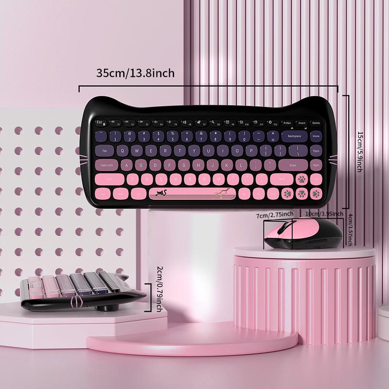 Mofii Pink Cat Keyboard and Mouse Combo, 2.4G Wireless Connection, Cute Aesthetic, Silent Office Use, Compact 2-Zone Keyboard, Universal for Desktops & Laptops, US QWERTY Layout (Batteries Not Included)