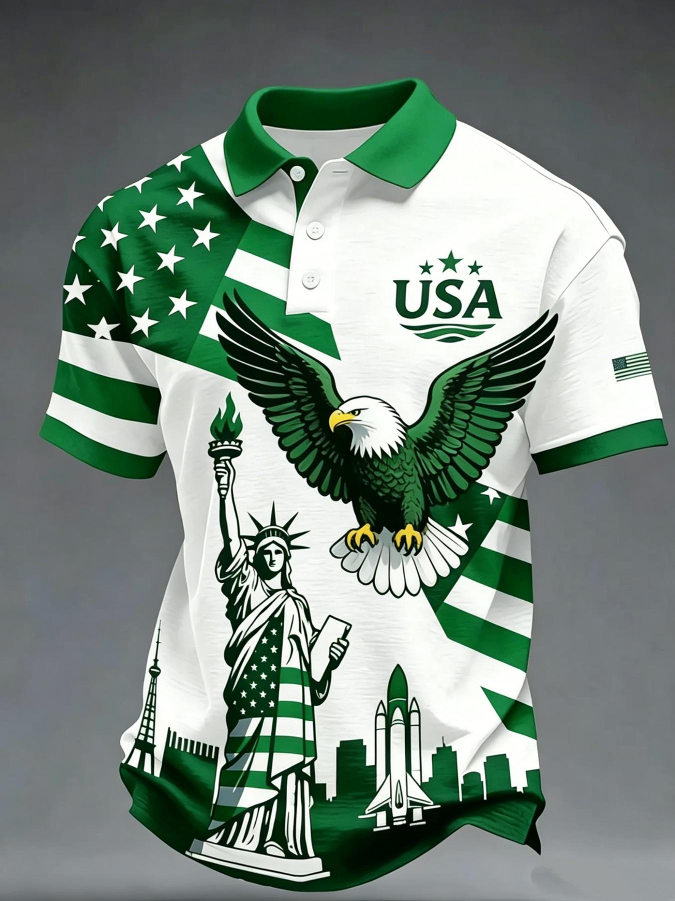 Summer Gift for Men, Usa Flag Eagle Liberty Statue Print, Short Sleeve, Casual Patriotic Polo Shirt, All Seasons