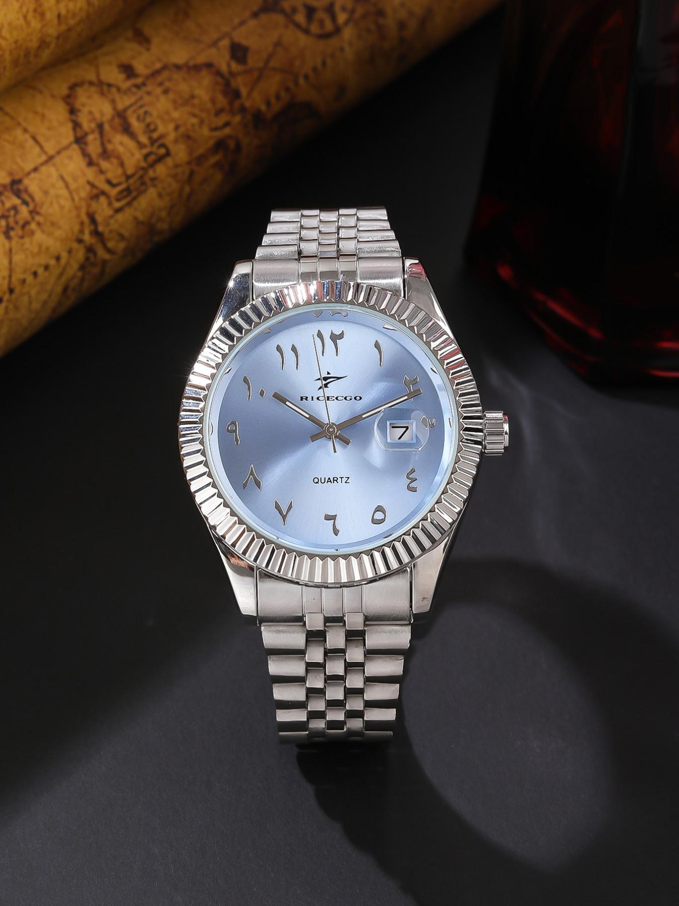 1pc Men's Analog Quartz Wristwatch, Arabic Numerals, Durable Stainless Steel Bracelet, Stylish and Versatile Accessory, Date Function, Suitable for Any Occasion, with Box, Analog Watches!