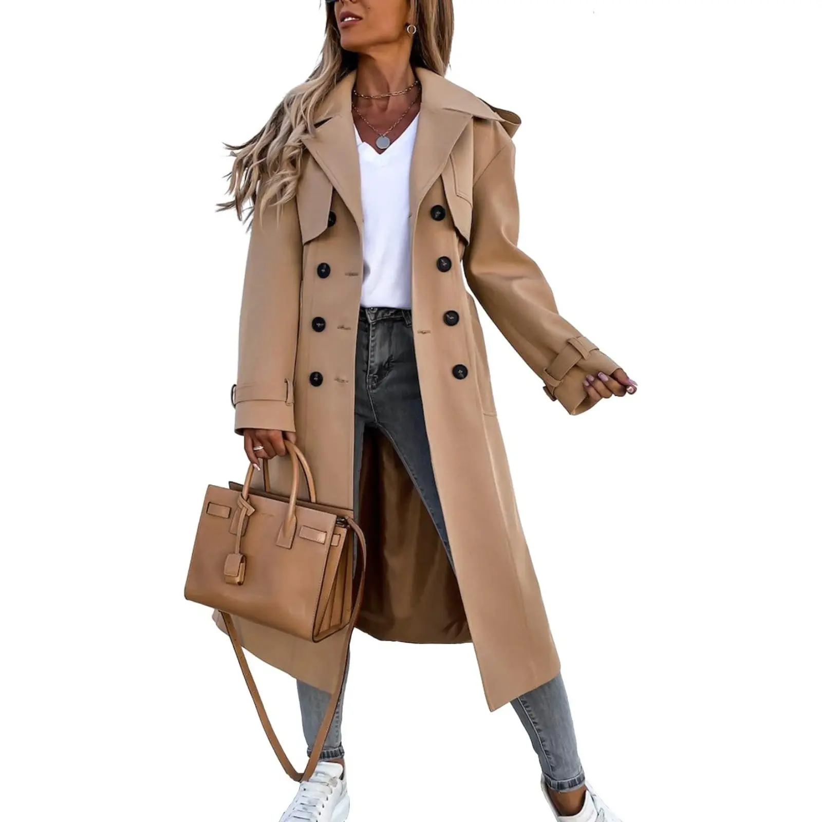 Tankaneo Women's Double Breasted Long Trench Coat Windproof Classic Lapel Belted Overcoat with Pockets