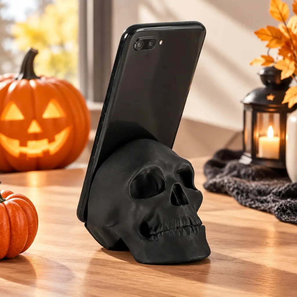 Gothic Skull Smartphone Stand - Black Matte Plastic Desktop Mount, Lightweight Cellphone Accessory, Hands-Free Viewing for Office, Nightstand (Collectible Figurine)