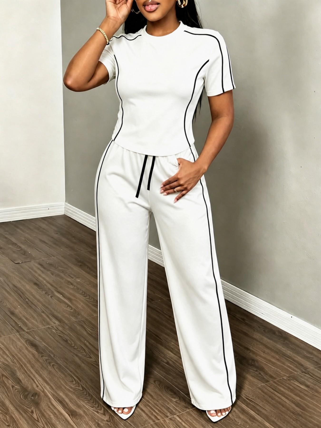 Women's Spring Summer Sporty Two-Piece Set, Fitted Round Neck T-Shirt & Wide Leg Pants, Casual Outdoor Wear, Multiple Colors Available, Sports Activewear Set