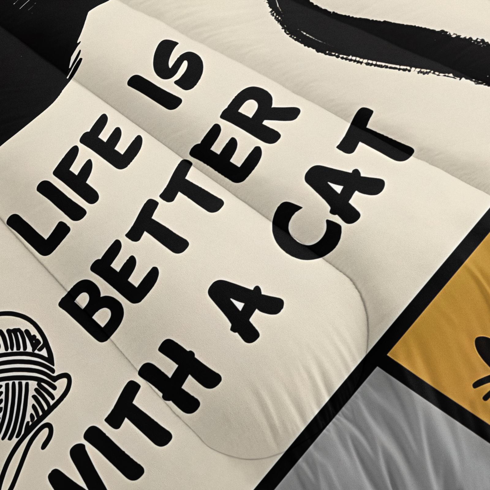 Fresh and Stylish Cat-Print Comforter Set Includes One or Two Blank Pillowcase. Multi-Color Patchwork Design Featuring Black Cats In Different Poses and Playful Slogans,Perfect Bedroom Bedding Soft, Comfortable Bedding Set Gift