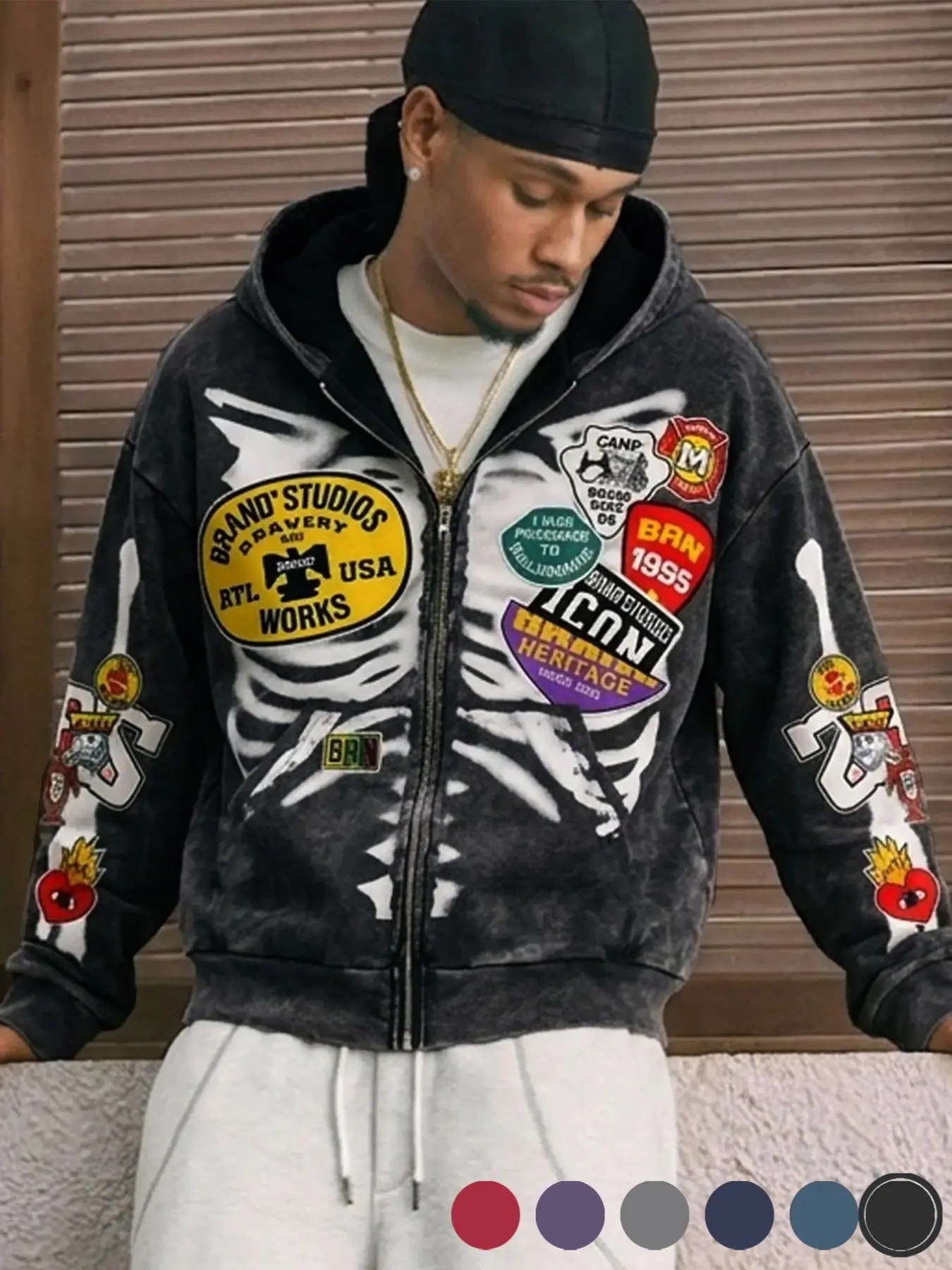 Men's Cotton Blend Washed Vintage Zip Up Hoodie, Skeleton Badge Patchwork Graphic Print Loose Hooded Jacket, American Streetwear Outerwear