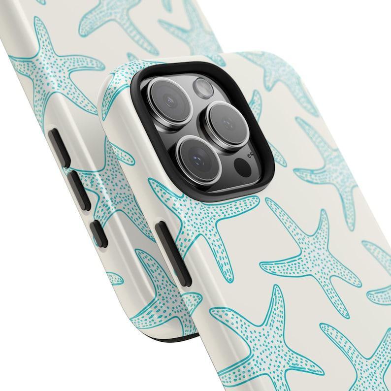 Turquoise Starfish on Off-White Coastal Print Phone Case — Compatible with Samsung S26/S25/S24/S23/S22/S21, iPhone 17/16/15/14/13/12/11, Drop-Resistant, Non-Slip, and Fade-Resistant, Nautical Summer Beach Protective Cover