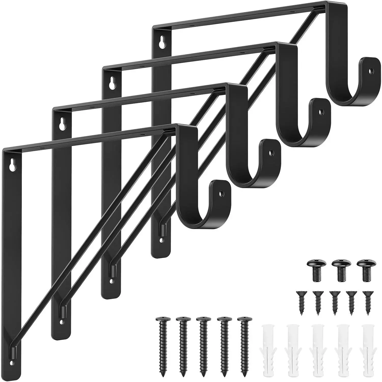 4 Pack Closet Rod Brackets, Heavy Duty Supports for 300 lb, Black | Reinforced Triangle Frame, One-Piece Metal Construction, Wall Mount, Closet Brackets for Rod, Sturdy and Durable, Closet