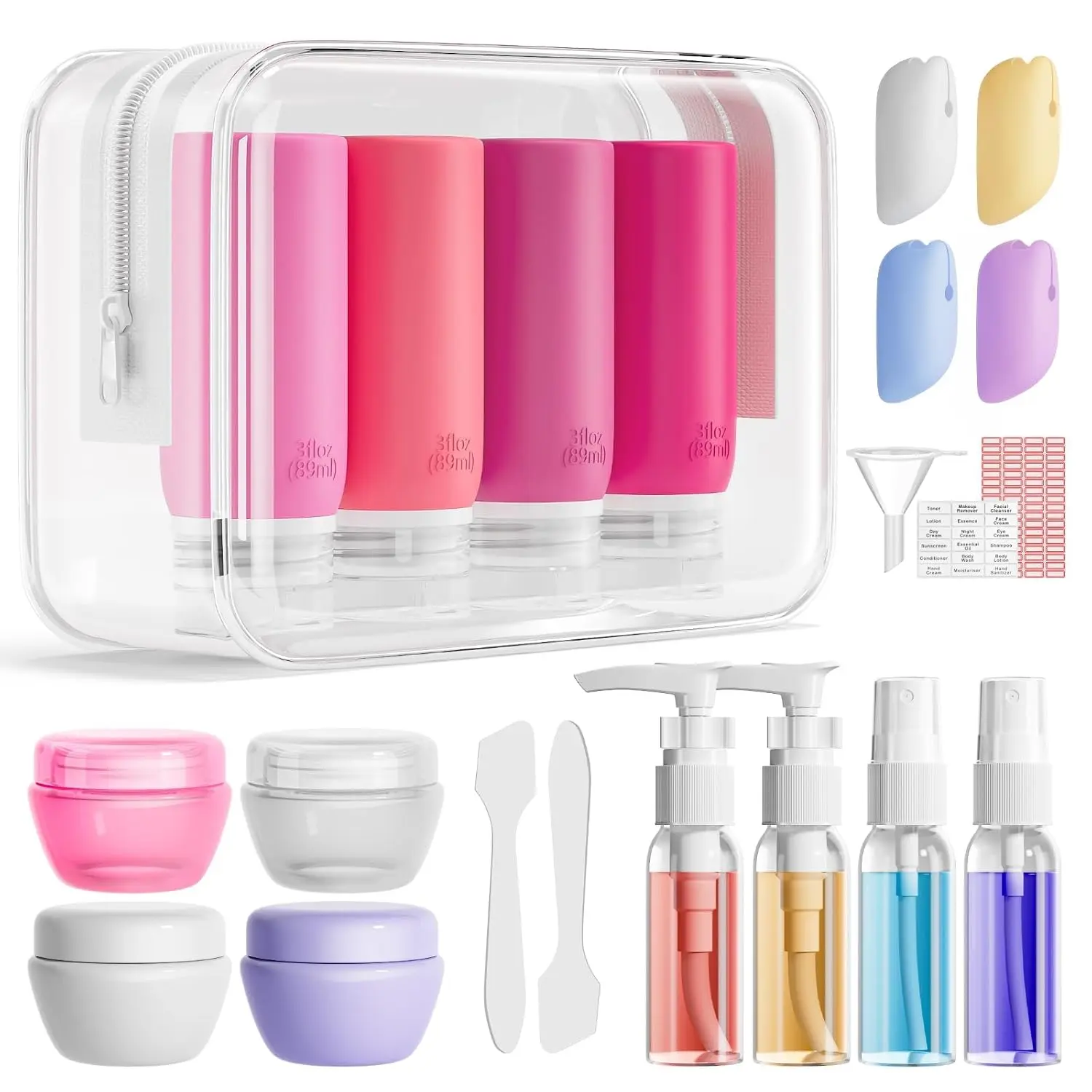 21 Pack Travel Bottles for Toiletries, Leak-Proof TSA Compliant Silicone Travel Size Containers for Shampoo and Conditioner, BPA Free with Toiletry Bag (Pink)