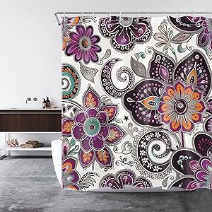 Bohemian Paisley Floral Shower Curtain Purple and Black Flower Pattern Boho Bathroom Shower Curtain Retro Abstract Bathroom Curtain with Hooks 72Lx72W Inch Polyester Fabric Bath Curtain