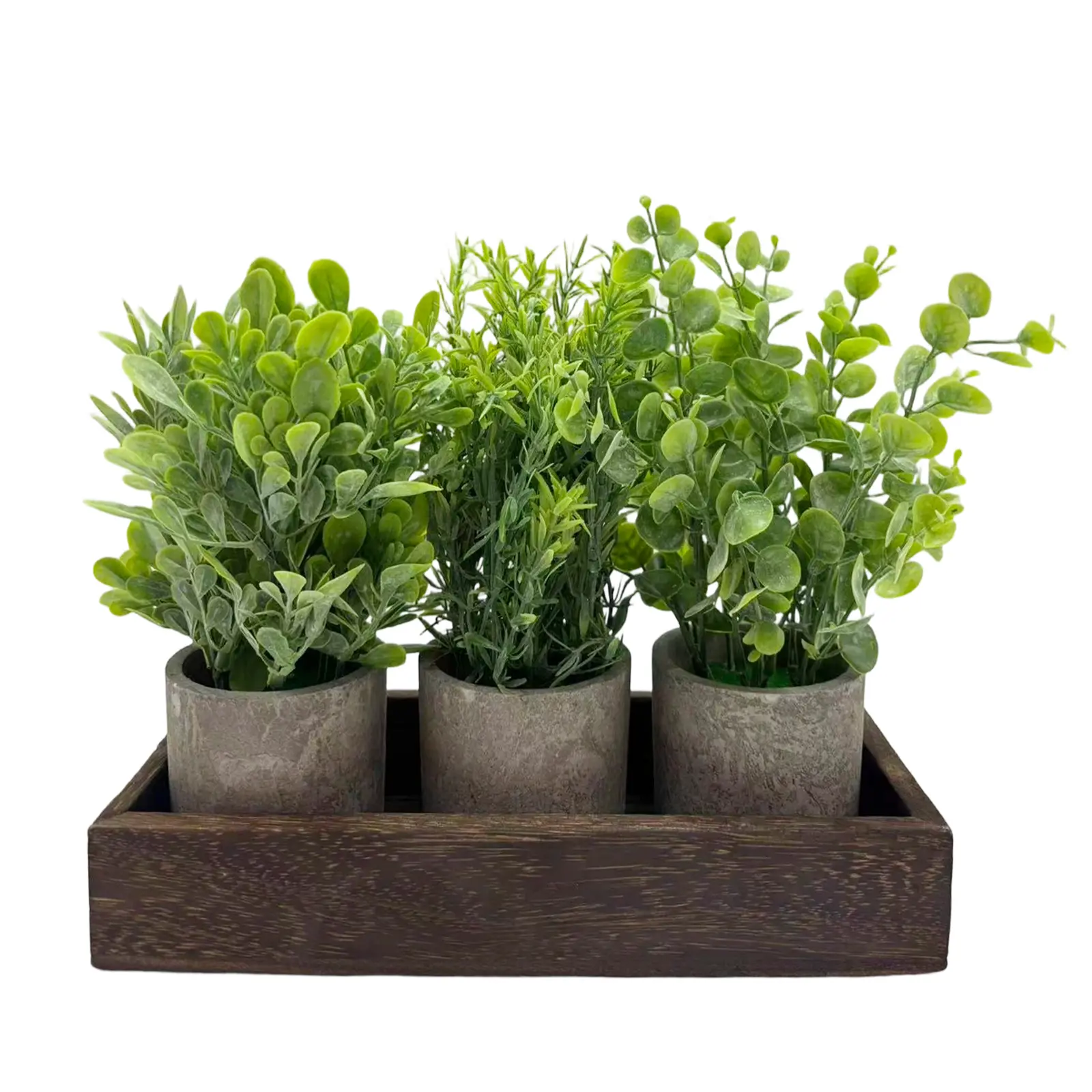 3 PCS Set Artificial Eucalyptus & Rosemary with Wood Tray, Lifelike Faux Greenery Tabletop Centerpiece for Kitchen & Office Decor, Green
