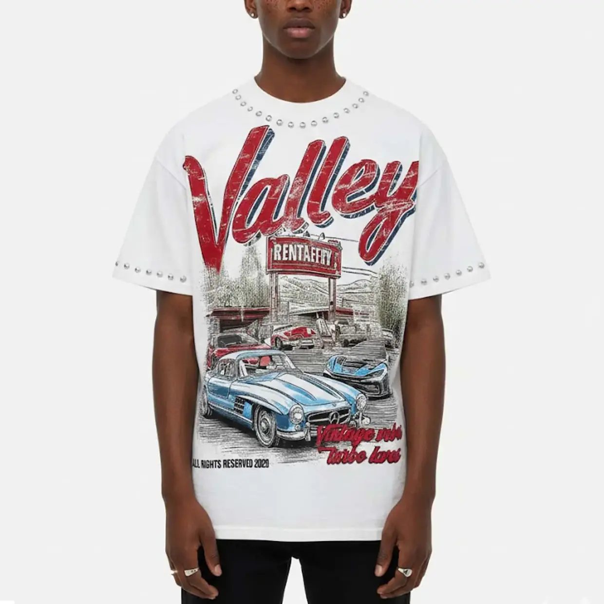 VALLEY Car Graphic Bead-Studded Rhinestone T-Shirt, Y2K Streetwear Heavyweight Soft Cotton Oversized Short Sleeve Crewneck Tee for Men Women, Casual Back to School Gift Top